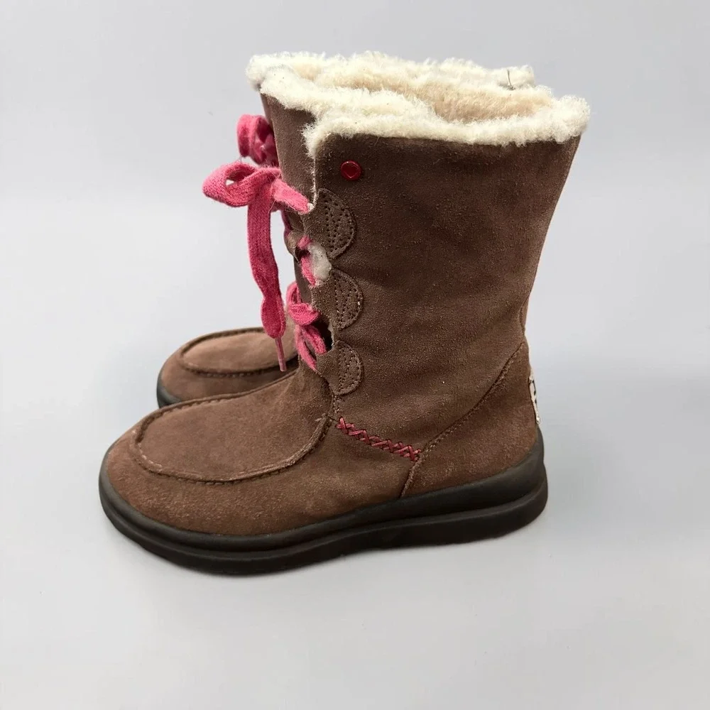 I Heart UGG Suede Winter Boots Pink Lacy Up Faux Fur Brown Women Size 6 1005862